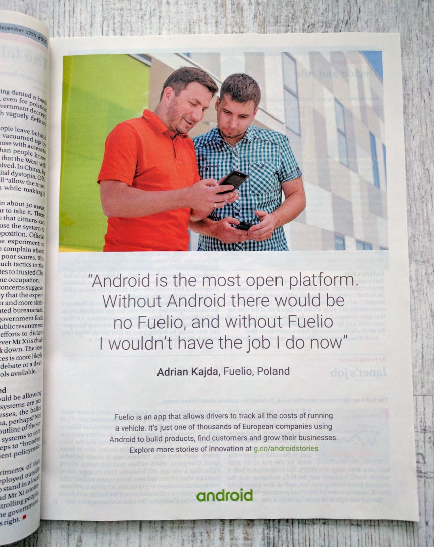  Nasz absolwent - Andrian Kajda (i jego aplikacja) został wybrany przez Google, by promować Androida w Europie. Taką reklamę znajdziemy na łamach The Economist, Financial Times, New York Times, Wall Street Journal, Politico, Bloomberg Businessweek