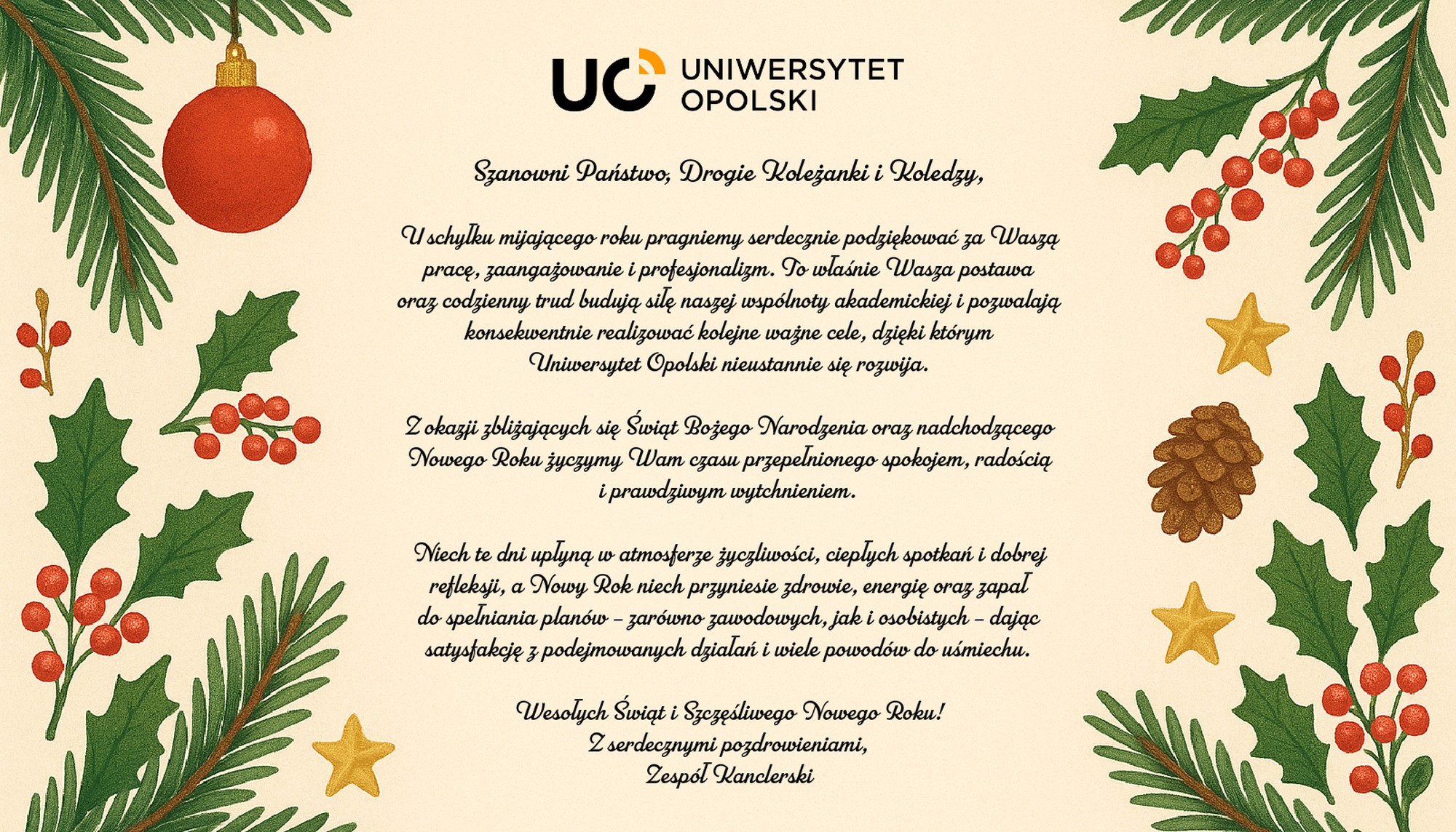 Życzenia bożonarodzeniowe od Zespołu Kanclerskiego UO